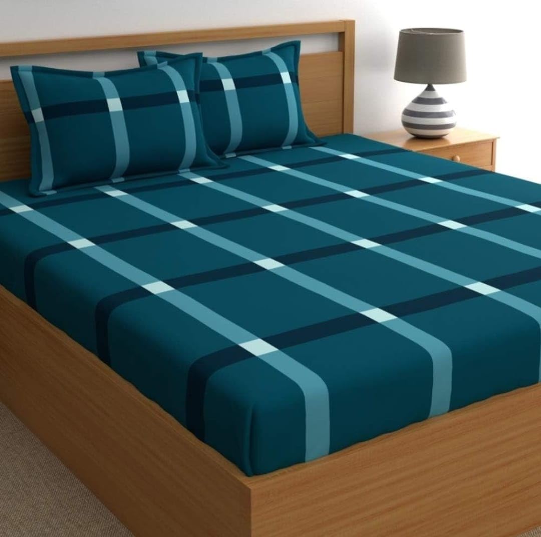New Town Cotton Feel Glace Cotton Elastic Fitted Printed King Size Double Bed Bedsheet with 2 Pillow Covers and Fits Upto 8 inches Mattress, Size- 72"x78" Saffro 8175-picture-21