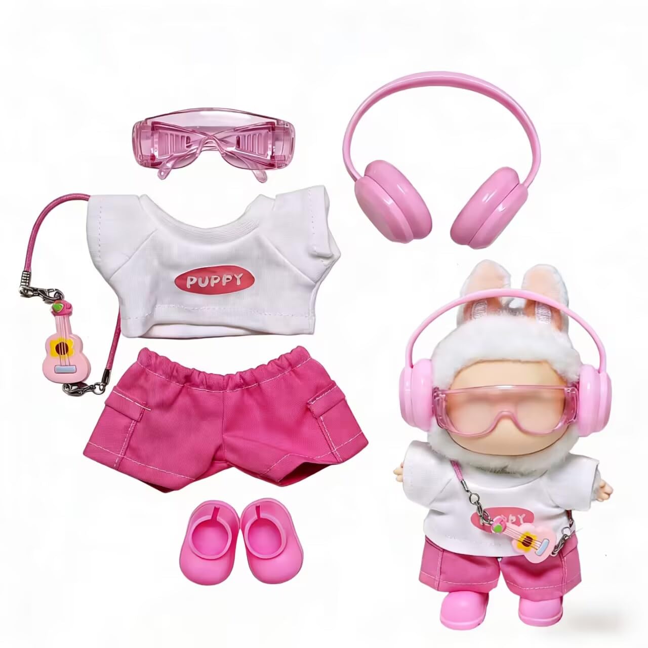 6-Piece Clothing Set for Labubu 15 cm/17 cm Doll Hip-hop Costume Set with Headset Glasses Shoes Plush Doll Accessories for Gift Idea for Girls and Boys (NO Doll) (Pink)
