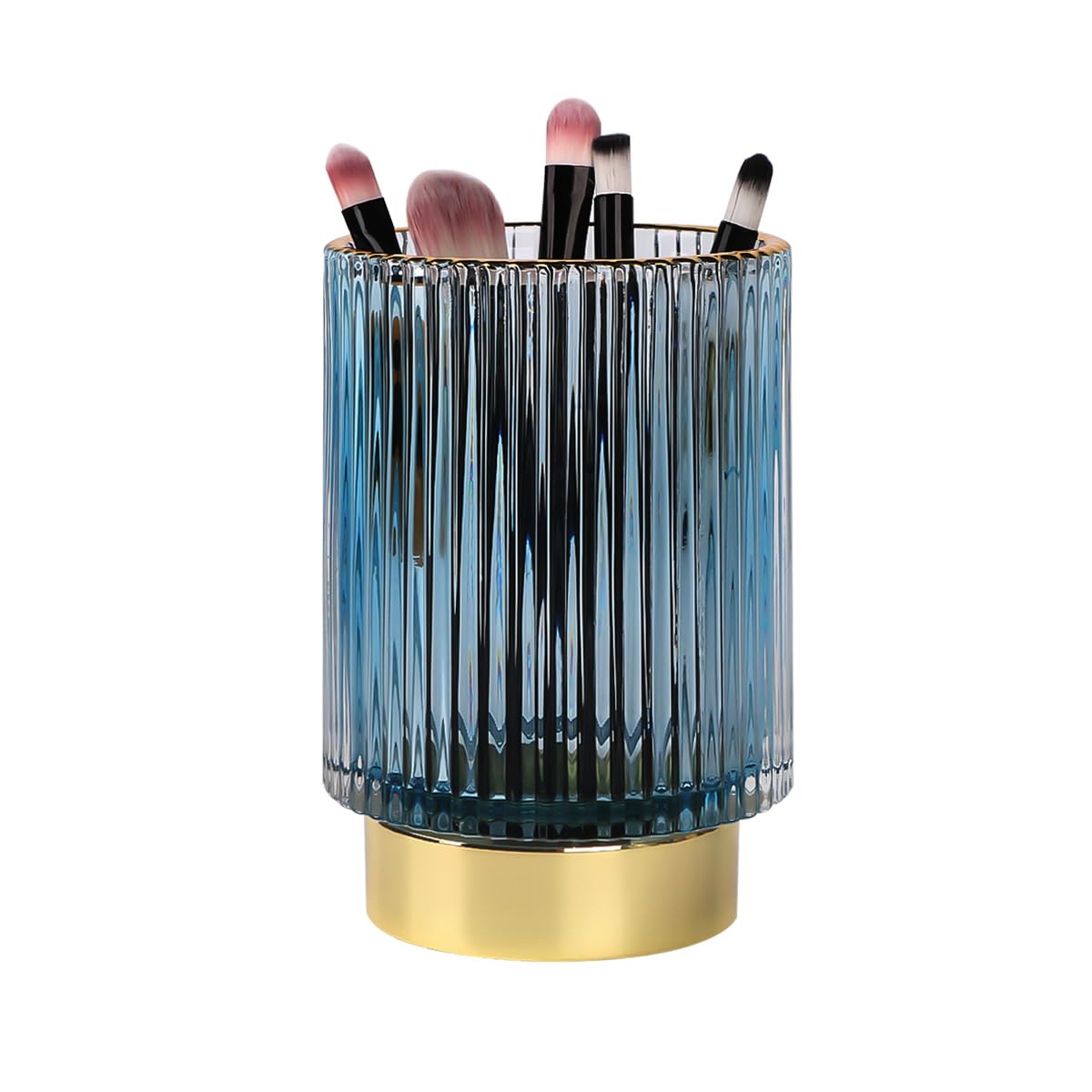 FvstarVintage Makeup Brush Holder Organizer,Dresser Glass Brushes Holder,Vanity Cosmetic Brush Holder,Desktop Crystal Eyeliners Eyebrow Pencil Storage Cup Holder for Countertop (Large Blue)
