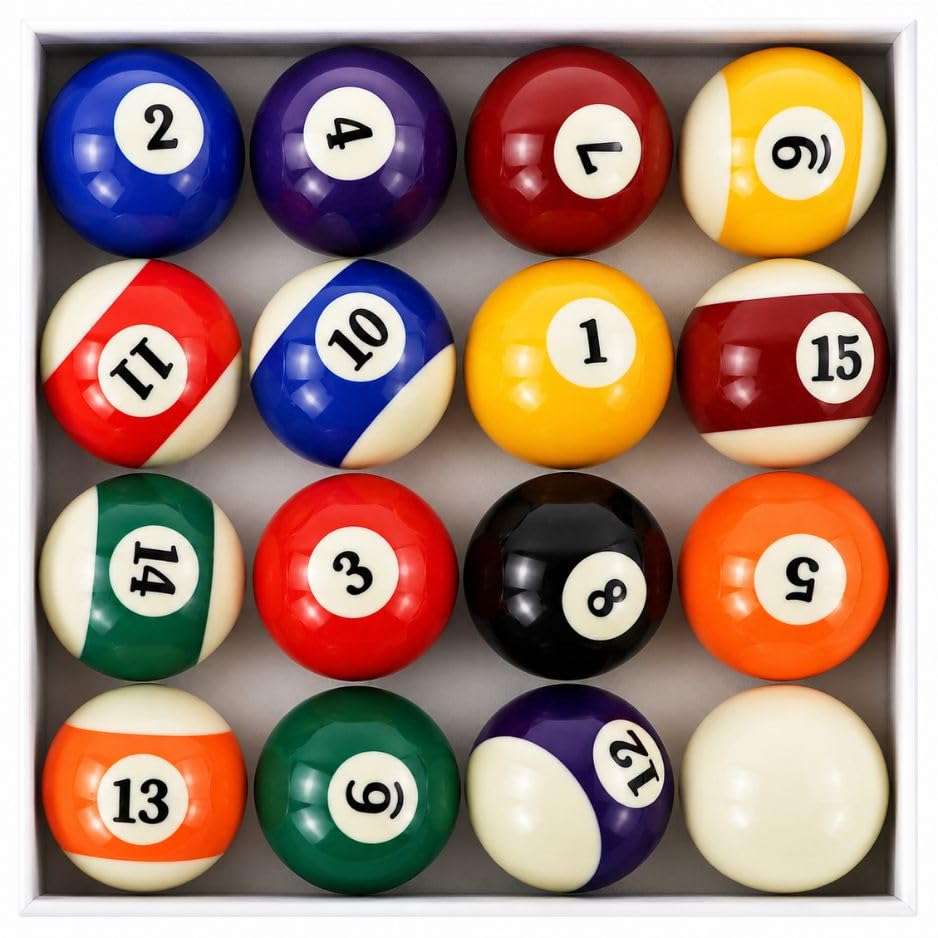 SusggO Caja de Bolas DE Billar Profesional – Bola de Billar tamaño Standard - Juego Completo de Bolas de Billar Americano (16 Bolas 57,2mm)