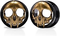 POBAISITER 2PCS Vintage Black Gold Skull Ear Gauges Tunnels - 316L Stainless Steel Plugs 0g-1 Inch Body Jewelry