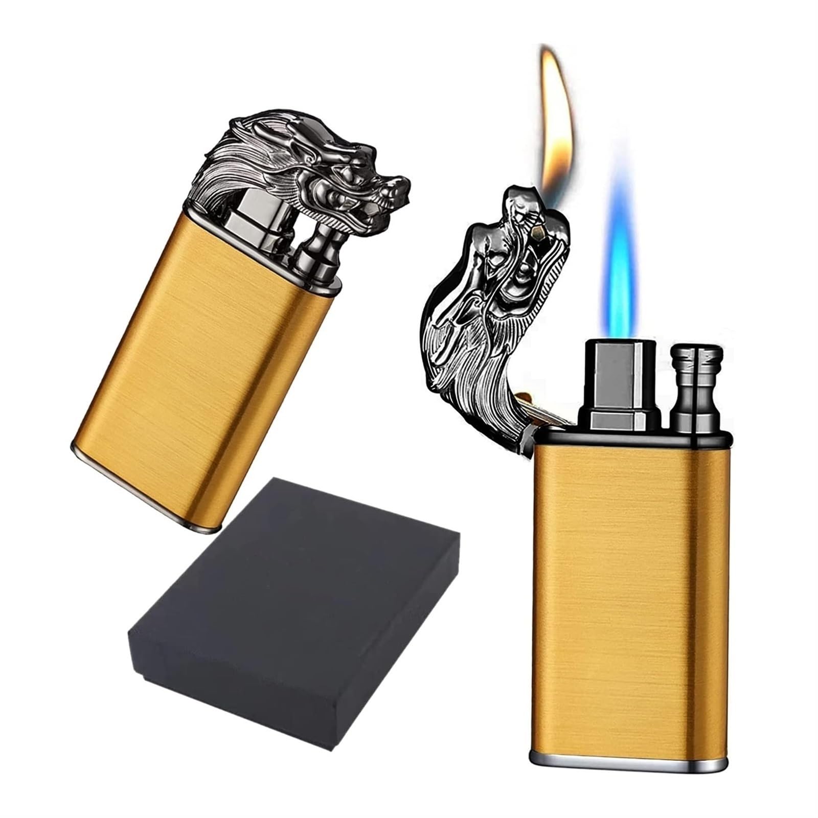 VFBVNJBJ 2024 Dual Flame Lighter, Windproof Dual Jet Flame Butane Lighter, Indoor and Outdoor Refillable Butane Lighter, Camping, Travel, Wilderness Gift for Men(Metallic)