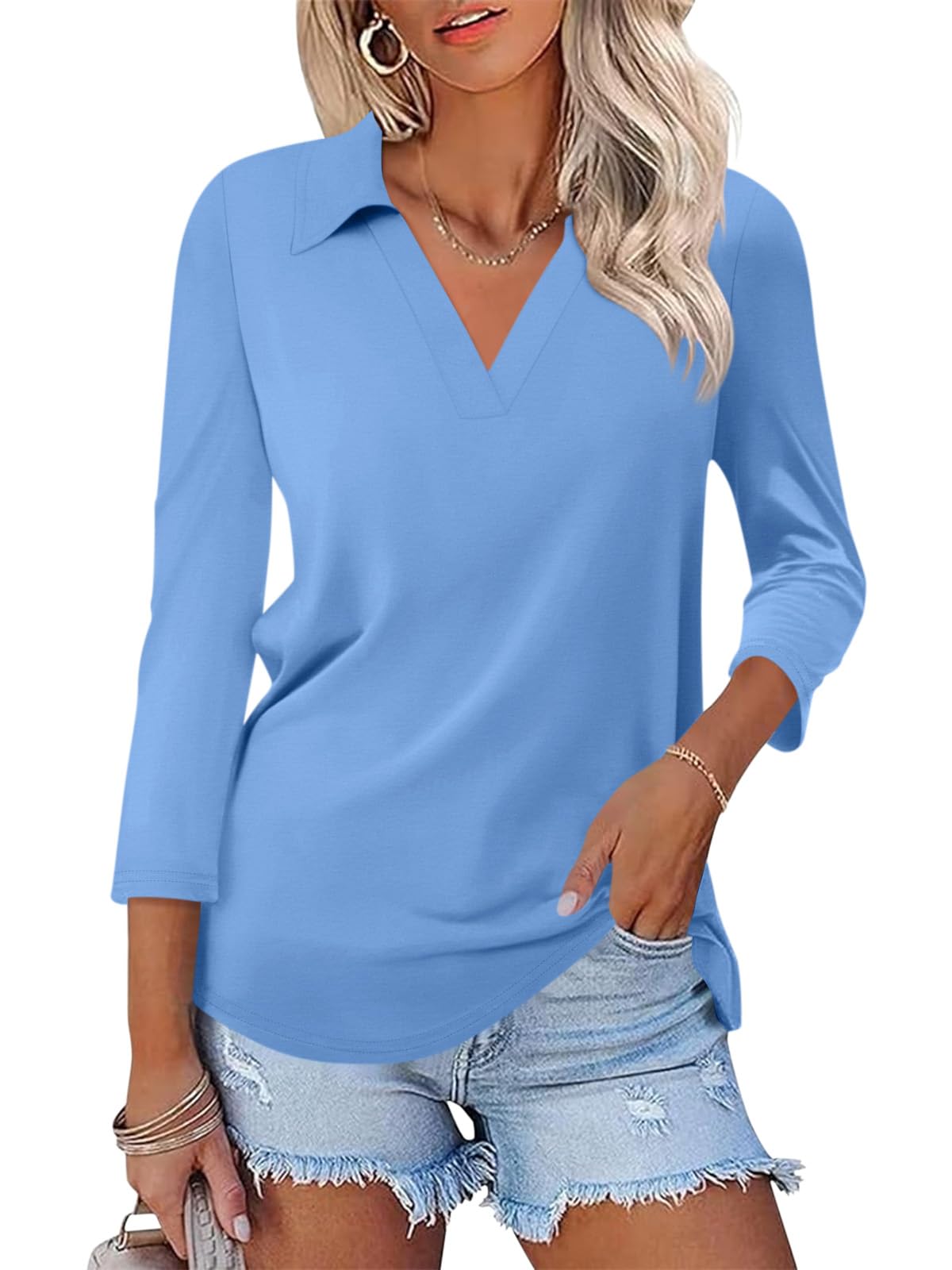 TICTICMISS Womens V Neck Polo Shirts 3/4 Sleeve Collared Tops Business Casual Summer Tops Trendy Loose