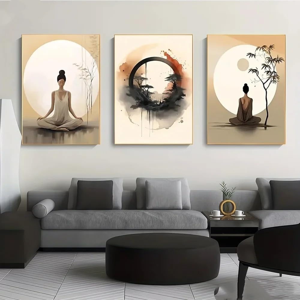 LTjiajuypd Stampe su tela, decorazioni per la casa, paesaggio naturale sereno, stile sud-est asiatico, cerchio di meditazione zen (50x75 cm - 3 pezzi)