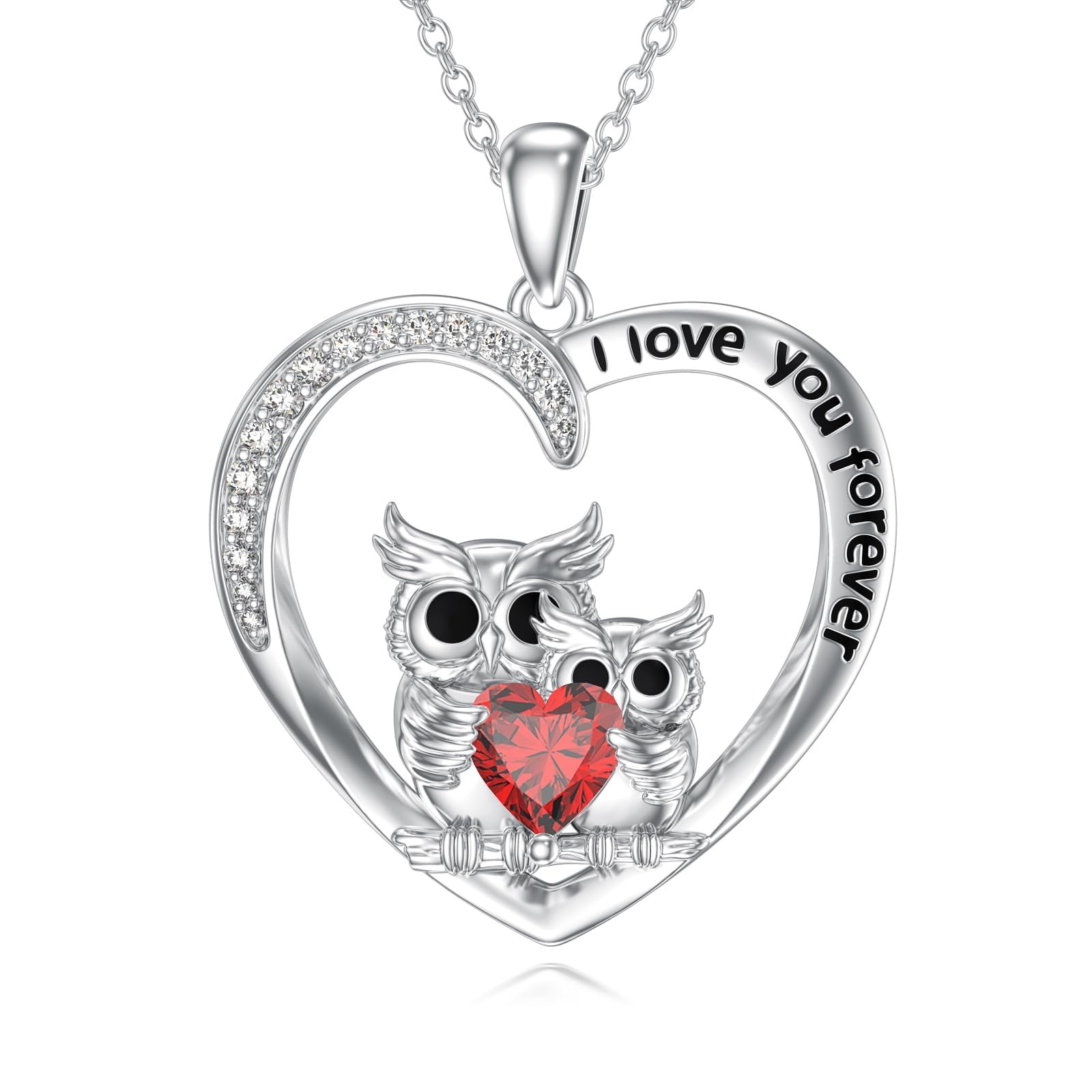 Reaii Heart Owl Necklace for Women 925 Sterling Silver Natural Garnet Owl Heart Pendant I Love You Forever Jewelry Gifts for Her