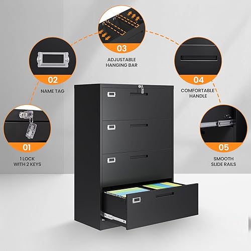 Vista 35 de Archivador de 3 cajones, archivador móvil totalmente ensamblado con cerradura para oficina en casa, caninete de metal con ruedas, cabina de tres