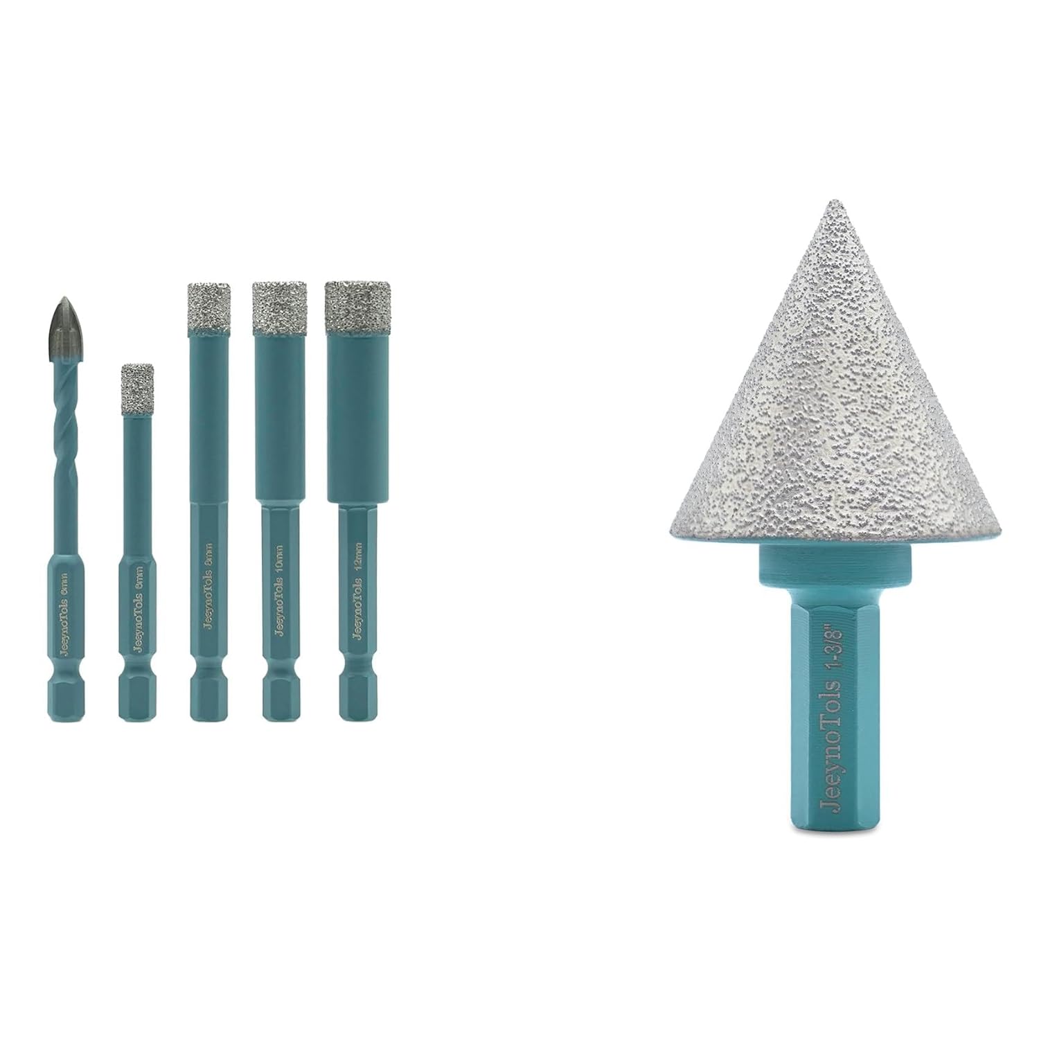 Dry Diamond Drill Bits Set - JeeynoTols 4pcs 6/8/10/12mm Diamond Hole Saw & 1pc 6mm Carbide Drill with Quick-Fit Hex Shank & Diamond Beveling Chamfer Bit 1-3/8" (35mm) with Hex Shank for Ceramic Porce