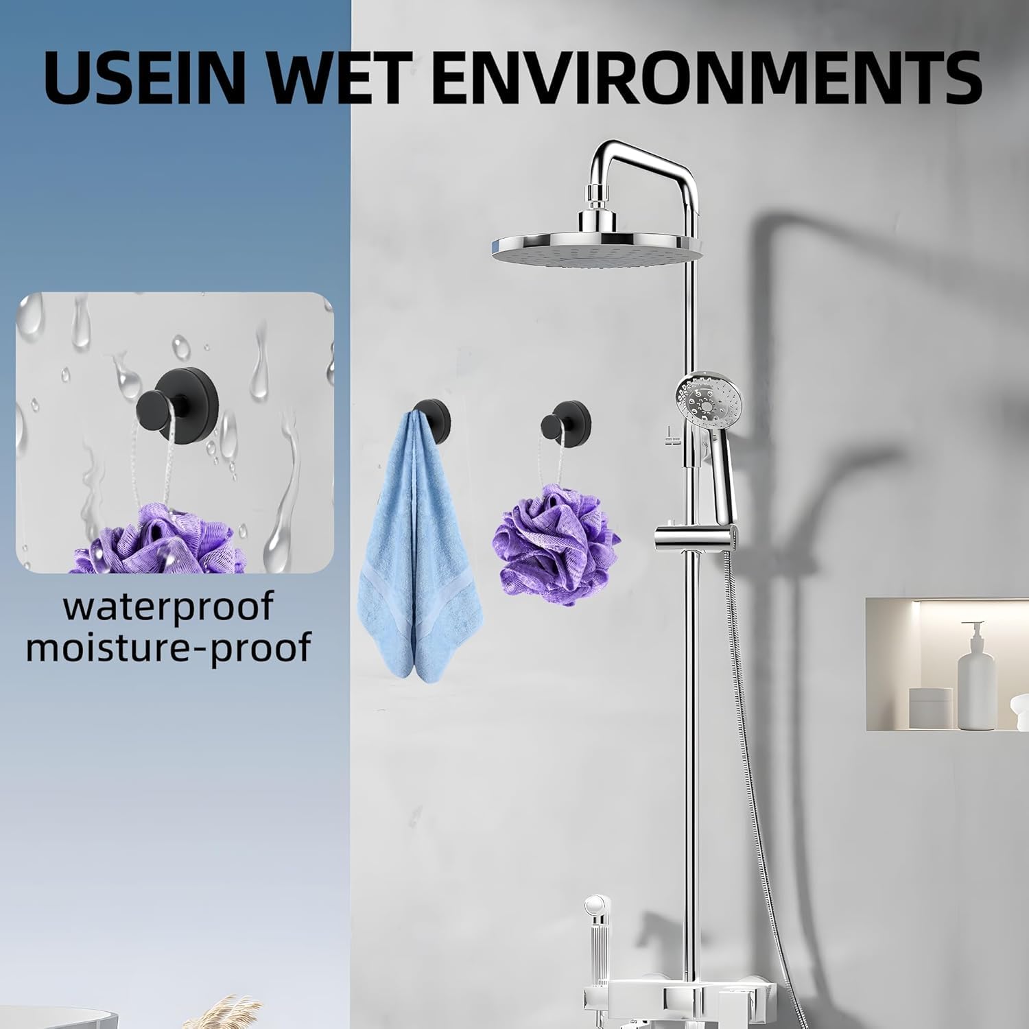 Lot de 4 crochets à ventouse de luxe sans perçage en acier inoxydable, étanches et sans perforation pour salle de bain, douche, portes de douche en verre, serviettes, miroirs (noir)