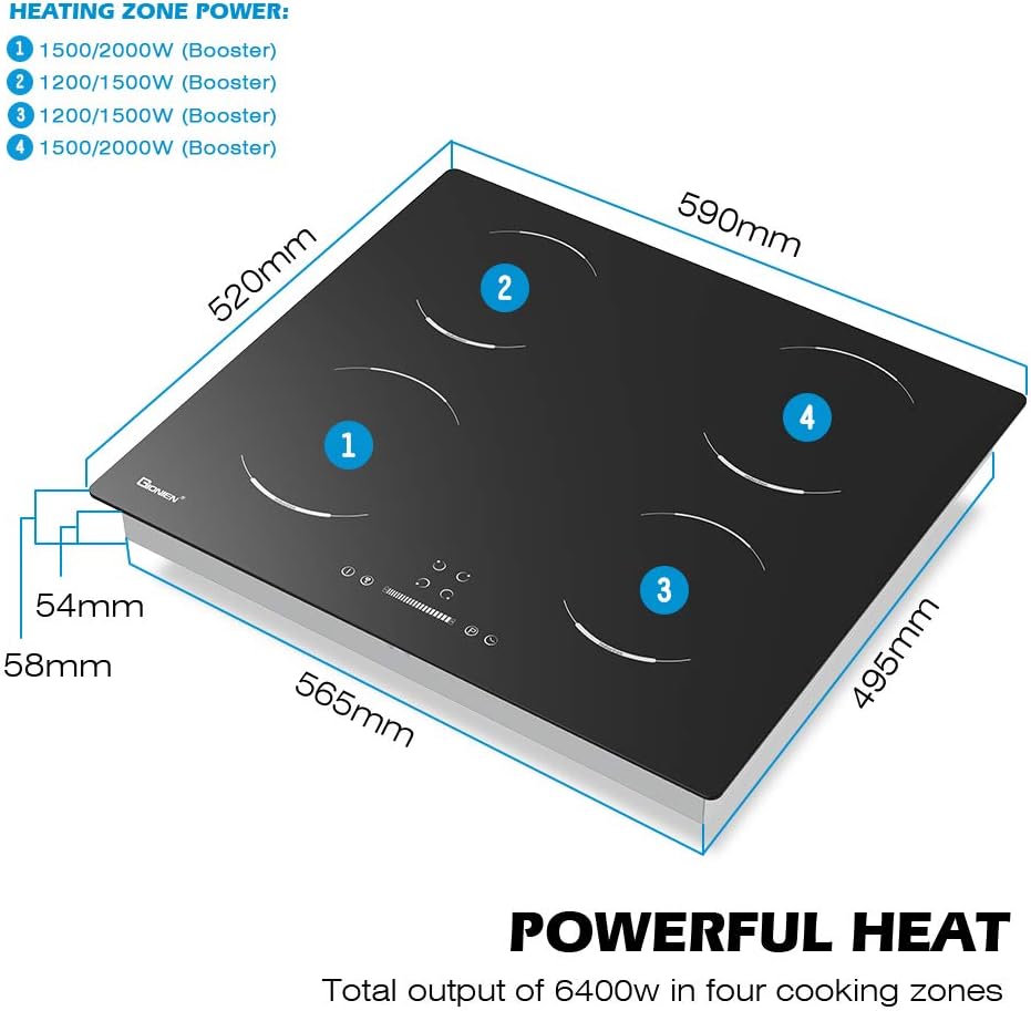Diagram showing dimensions of GIONIEN induction hob and heating zone power
