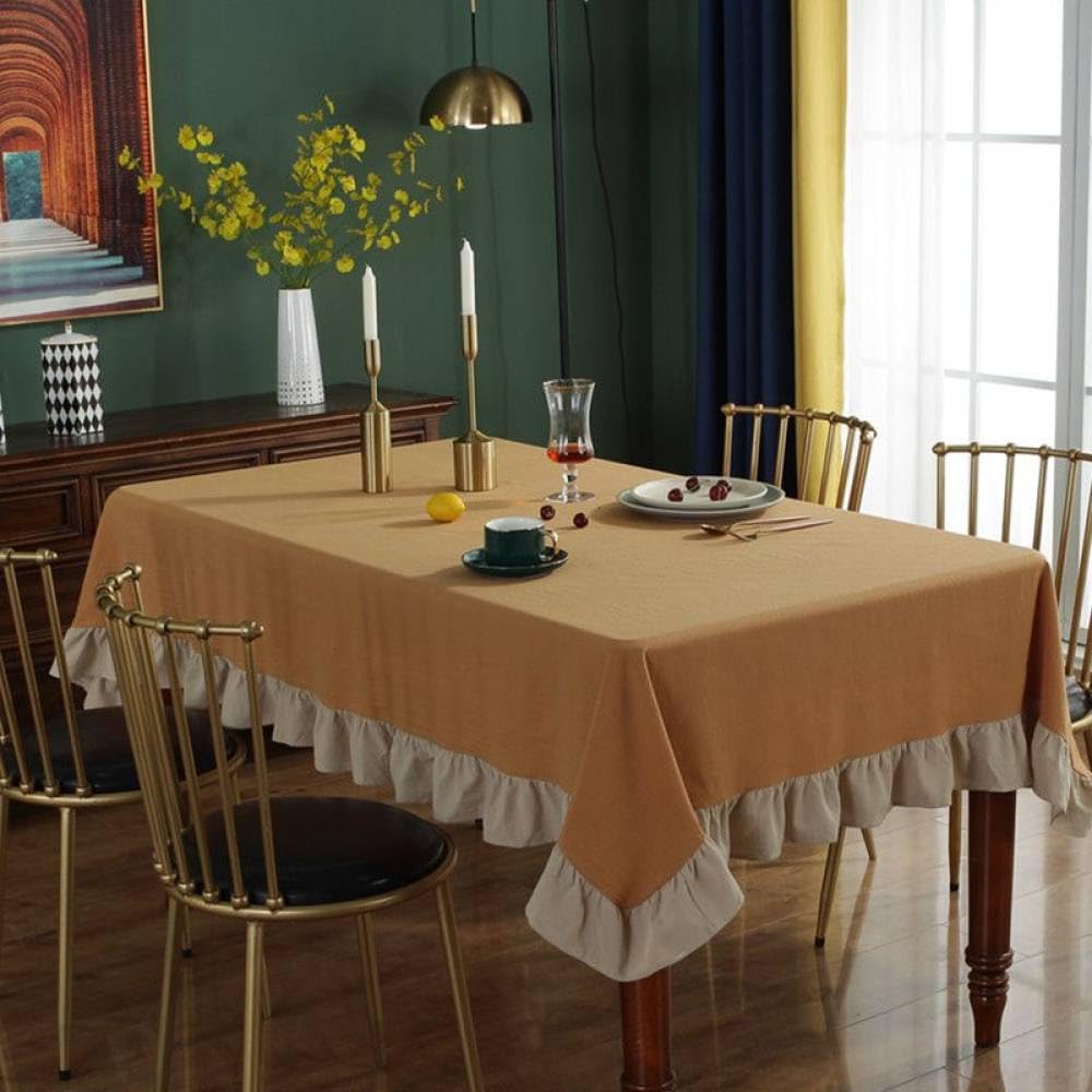 Zmywalny bawełniany obrus z falbanami na imprezę i bankiet, imbirowy, beżowy, falbany, 140 x 220 cm, elegancki obrus do dekoracji jadalni