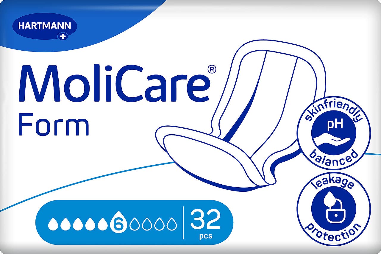 Molicare Forma 6 kropli, do średniego nietrzymania moczu: wysokie bezpieczeństwo, dodatkowa ochrona przed wyciekiem i dyskrecja dla kobiet i mężczyzn, 4 x 32 sztuki