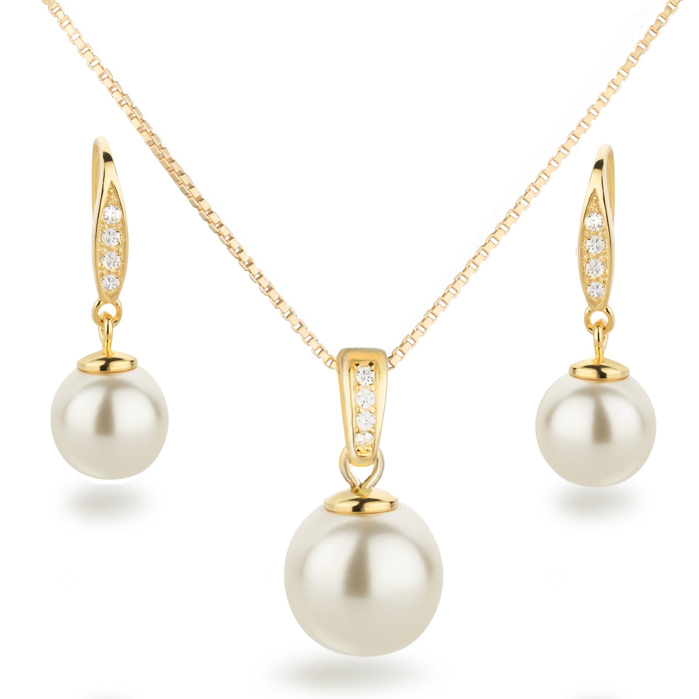 Schöner-SD Schmuckset Perle 925 Silber vergoldet Anhänger Kette Ohrringe