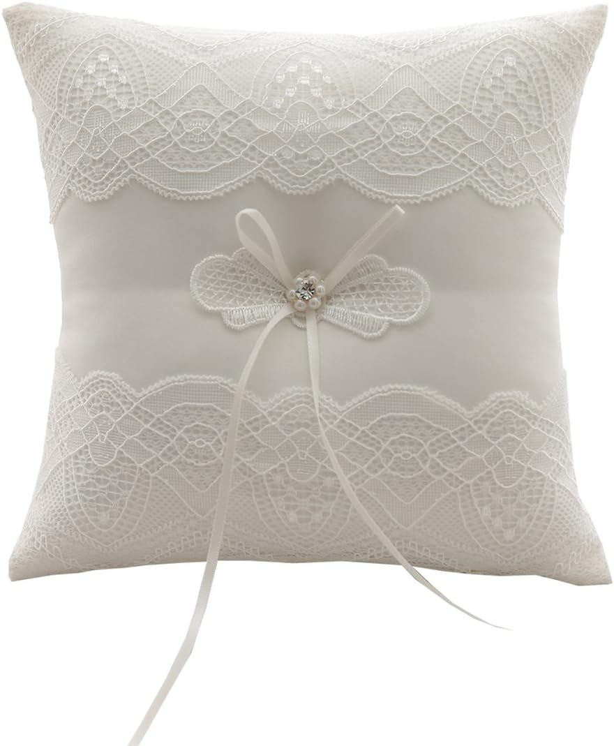 SILKTALK Romantic Handmade Wedding Ring Pillow Eyelash Lace Bow Satin Ring Cushion Bearer 19cm*19cm