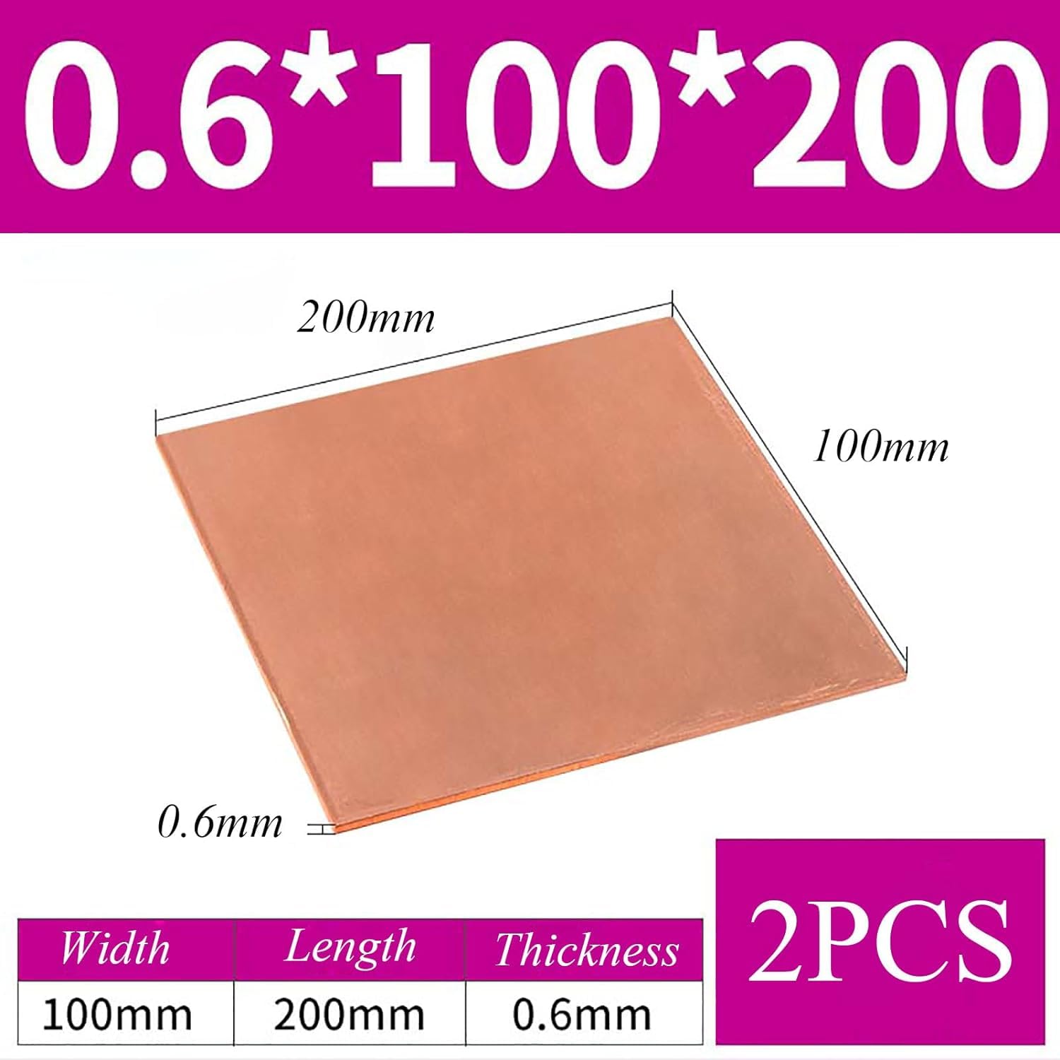 2 sztuki czystej blachy miedzianej, grubość 0,6 mm, blacha miedziana do rzemiosła, biżuterii, napraw, elektryki, przemysłu, 0,6 * 100 * 150 mm(0.6 * 100 * 200mm 2)