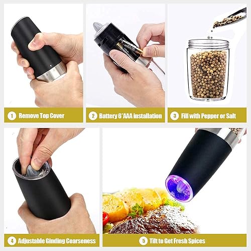 Miniatura 6 de AVNICUD Juego de molinillo eléctrico de sal y pimienta, molinillo de pimienta automático recargable, molinillo de pimienta por gravedad, funciona