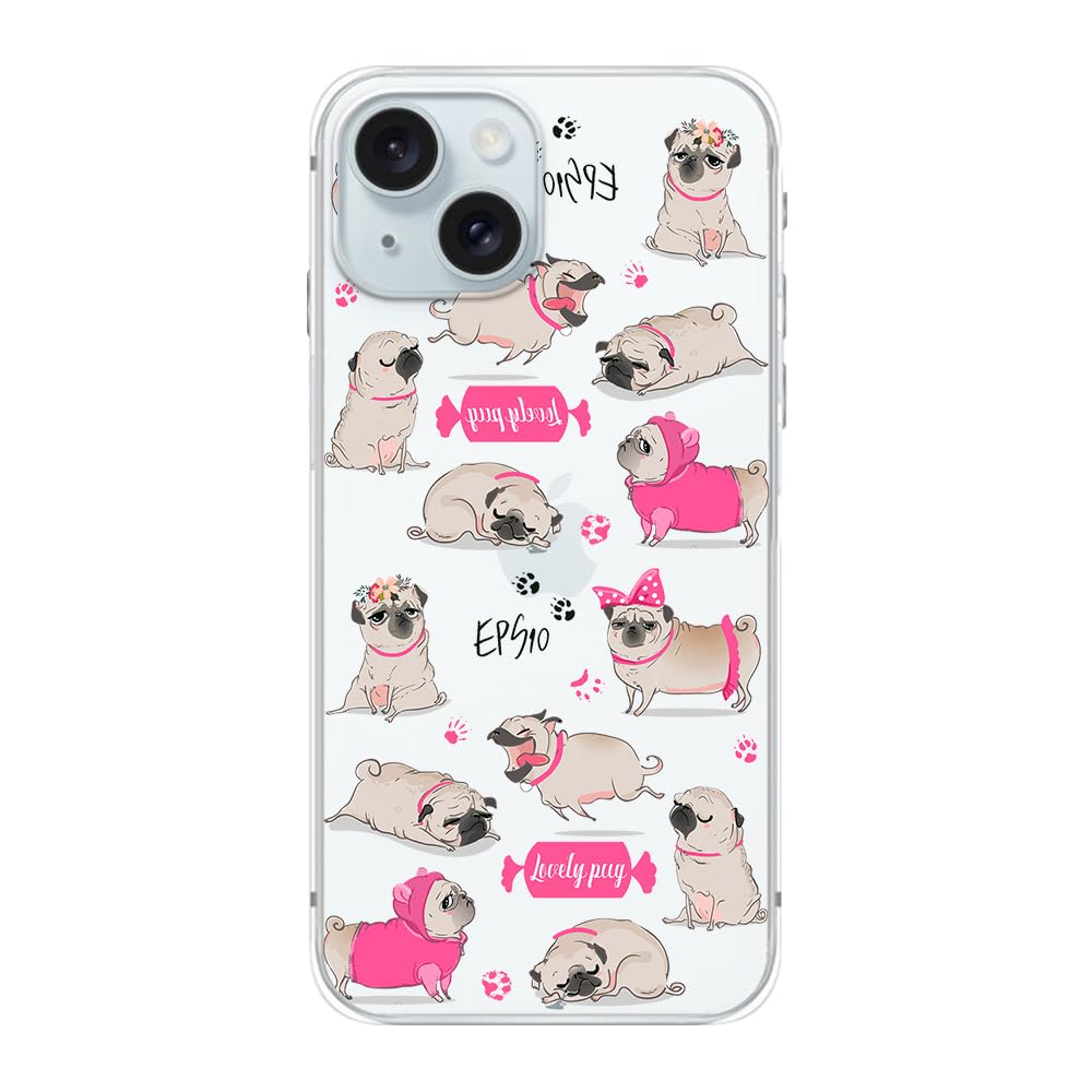 Compatible for iPhone 15 Case, Lovely Pug Pattern Cute Dog Style Cartoon Animal Design Transparent Soft TPU Protective Clear Case 6.1 inch (Lovely Pug)