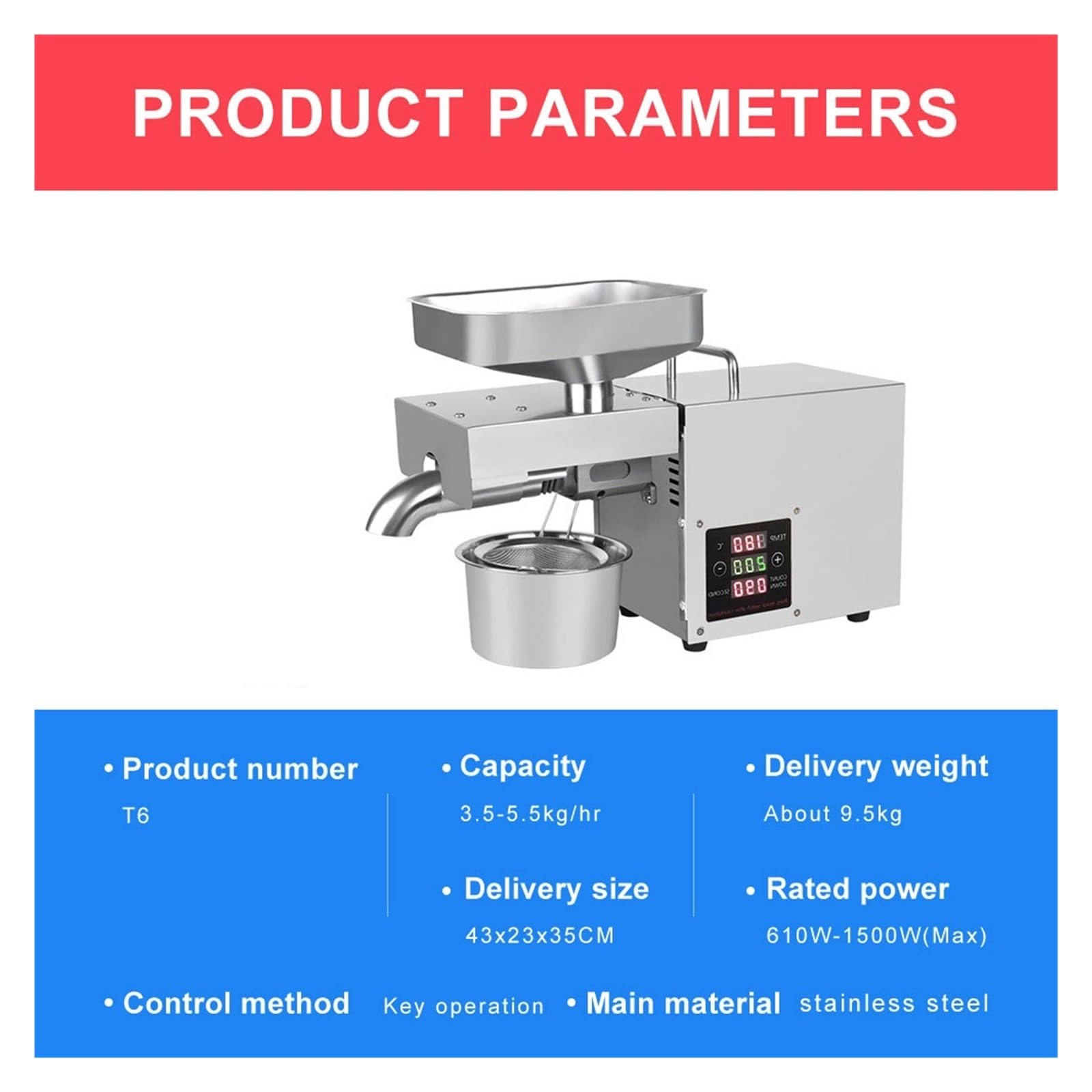 Máquina de prensado de Aceite con Control de Temperatura, automática, de Acero Inoxidable, para frío y Calor, para Cacahuete, sésamo, Coco, nueces y Semillas. Uso doméstico.