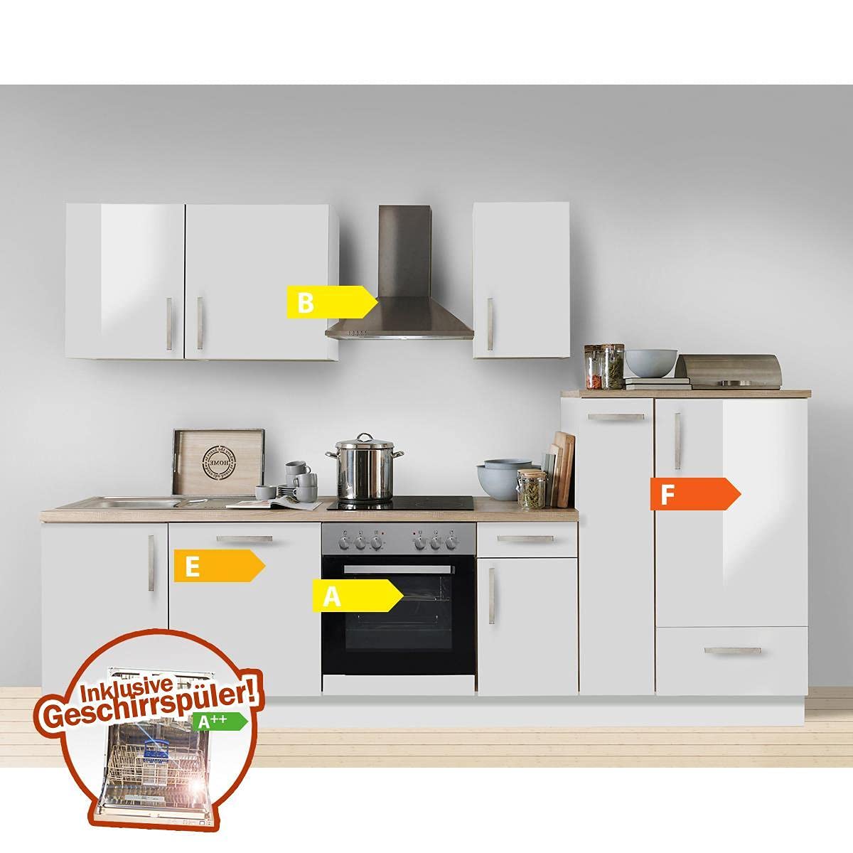 Lomadox Küche mit Elektrogeräten 300cm | Küchenzeile Küchenblock Singleküche Einbauküche E-Geräte | Weiss/Grau