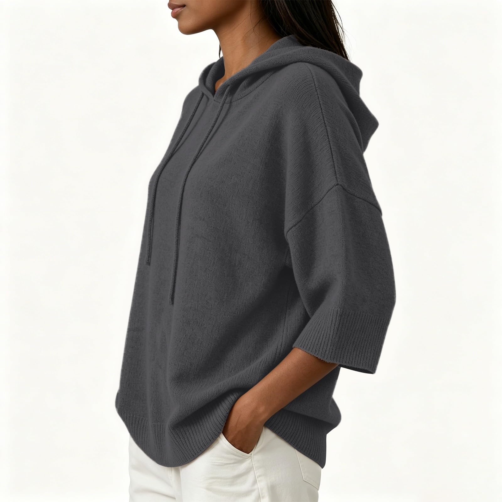 Generisch Sudadera con capucha de gran tamaño para mujer, informal, sudadera de manga larga, manga 3/4, con capucha, monocolor, a la moda, transpirable, para leggings