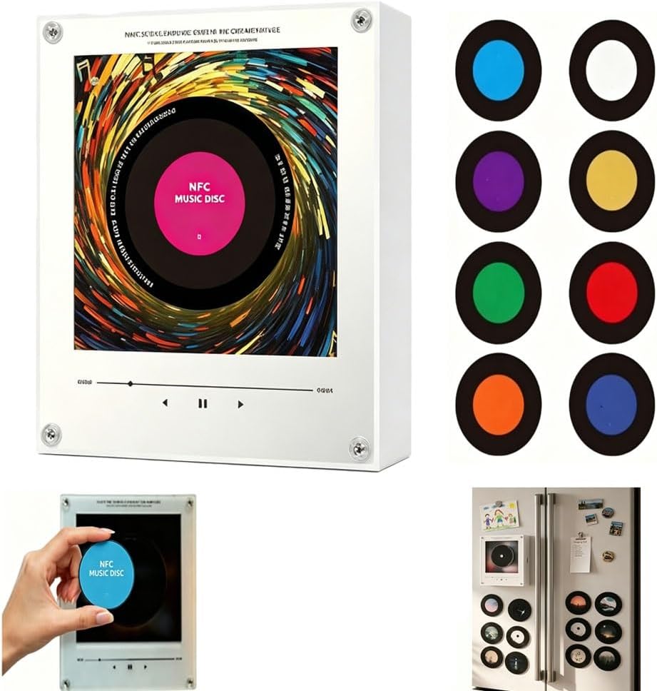 Magnetic Music Player for Fridge, NFC Enabled Vinyl Record Player with LED Light, Unique Gift for Anniversary or Birthday, 9 PCS Customizable Music Options