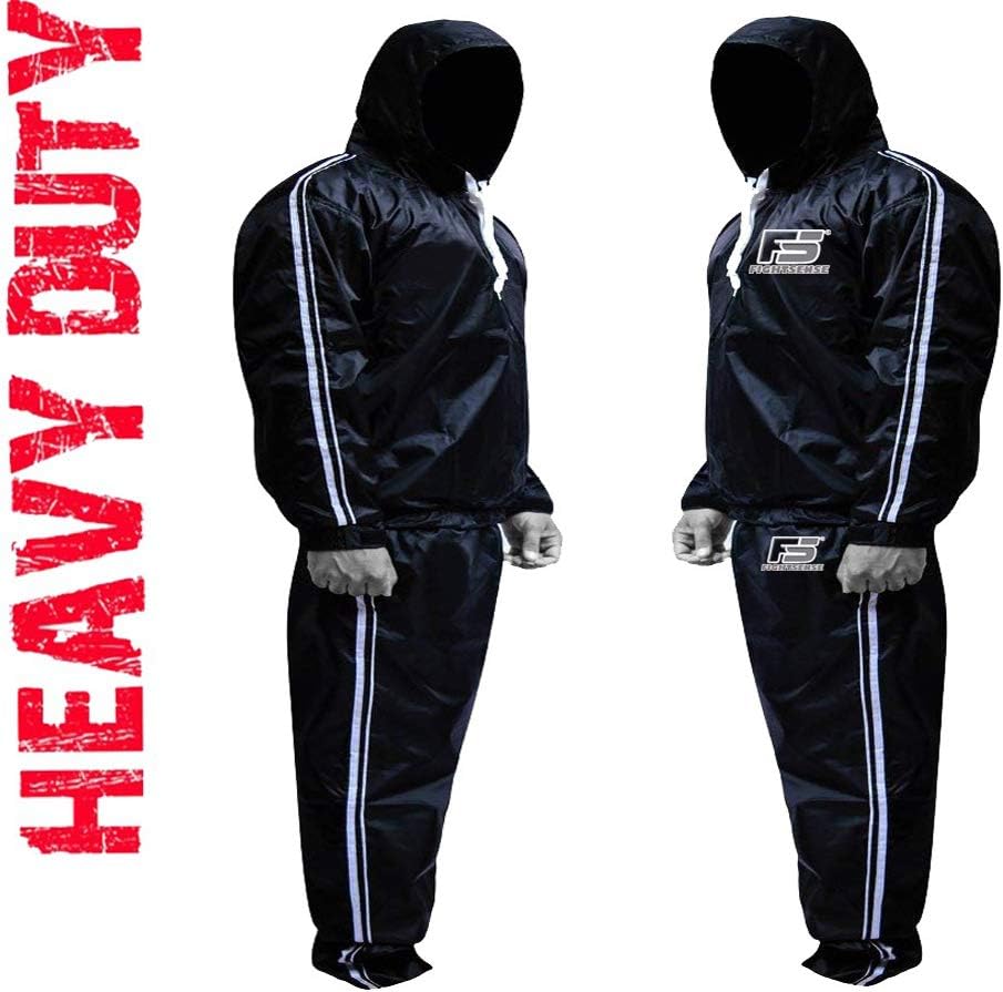 FIGHTSENSE FS MMA Sauna Sweat Suit Track Weight Loss Slimming Fitness Gym Exercise Training Added Hood Color White Anti-Rip (Large)
