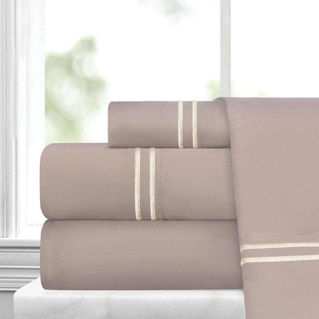 Egyptian Luxury Embroidered Bed Sheet Set – Ultra Soft Premium 1500 Series w/Beautiful Stripe Embroidery – Wrinkle & Fade Resistant, Hypoallergenic 4 Piece Set - Twin - Taupe/Cream