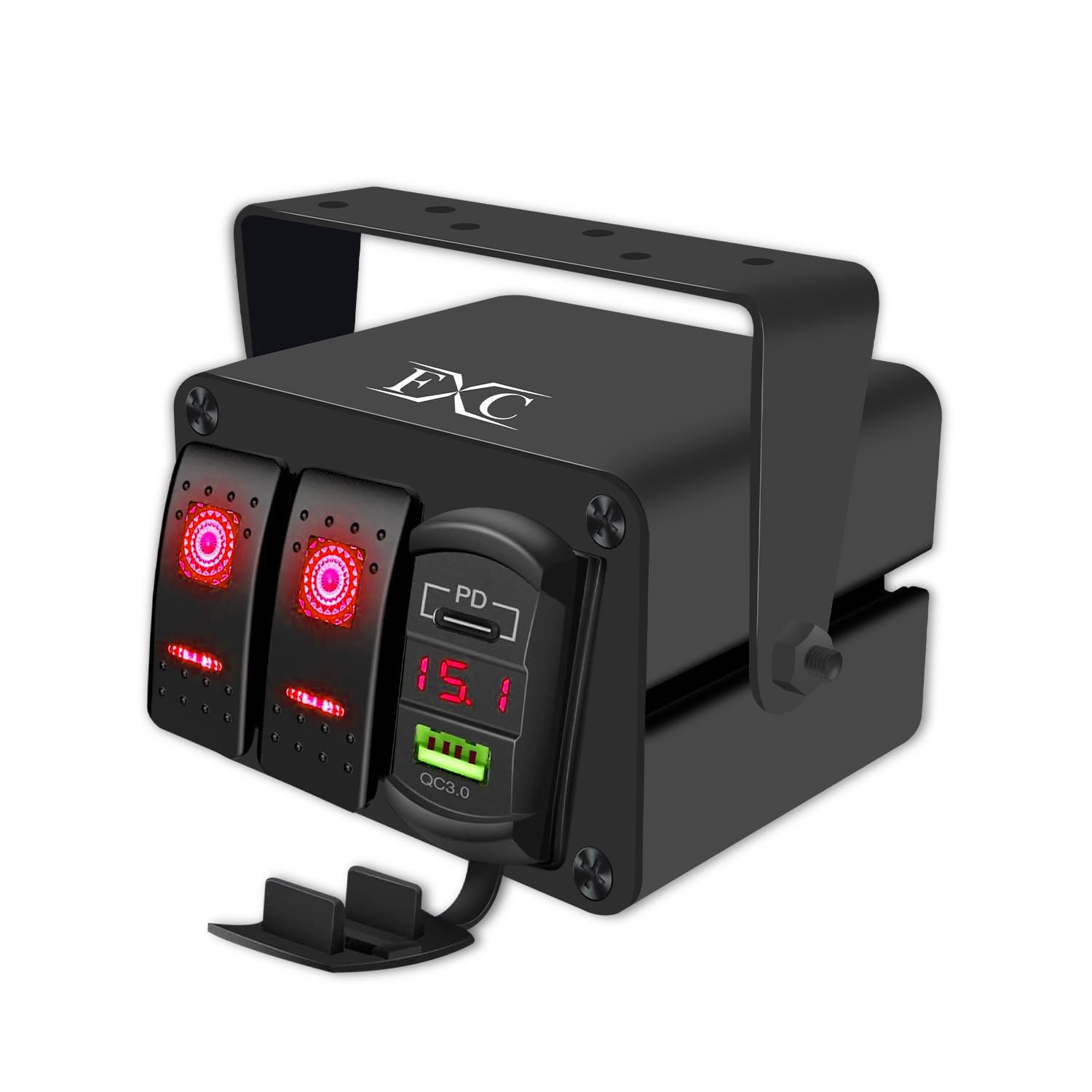 FXC 2 Gang Aluminum Rocker Switch Panel Green Backlit with PD Type C and QC 3.0 USB Charger Voltmeter Waterproof 12V 24V DC Rocker Switch Box for Car