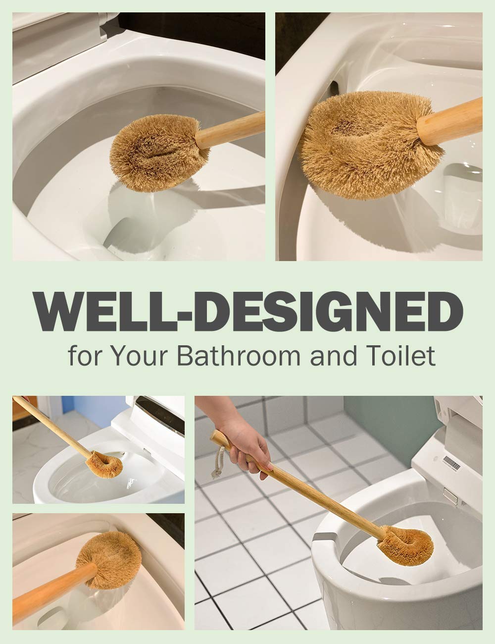 Version moderne mise à jour de la brosse pour WC Tête de brosse en fibre de coco naturelle et manche en bois de hêtre pour salle de bain Robuste et profond Respectueuse de l'environnement