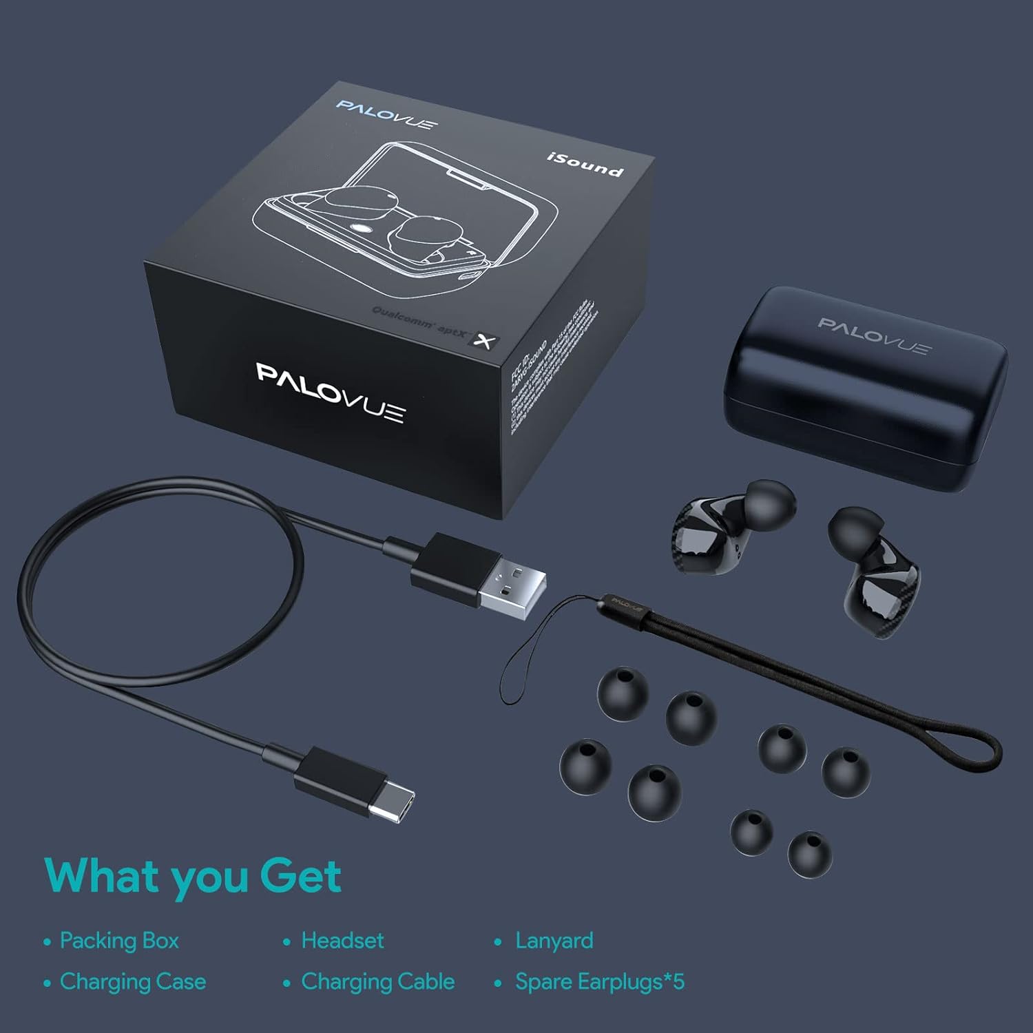Contents of the PALOVUE iSound Earbuds package including earbuds, charging case, cable, and ear tips.