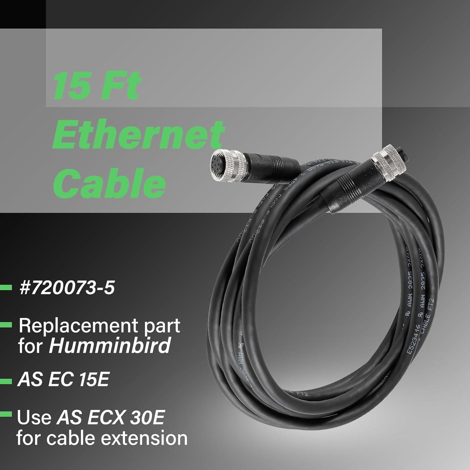 720073-5 15 Foot Ethernet Cable AS EC 15E Fit for Humminbird Helix 7/8/9//10/12/15, APEX, SOLIX and Onix Fish Finders