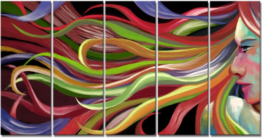 iKNOW FOTOLarge 5 Pieces Abstract Pop Art Woman Wall Art Painting Printed on Canvas Print Hair Salon Decor Pictures for Living Room Bedroom Walls Decor 12x32inchx5pcs