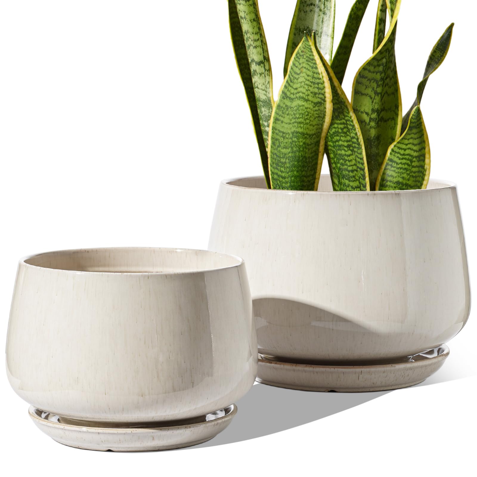 LE TAUCI Ceramic Planters, 10 + 12 Inch Pots for Plants, Indoor Plant Pots with Drainage Holes and Saucers, Modern Planters Fit Mid Century Plant Stand, Reactive Glaze Beige