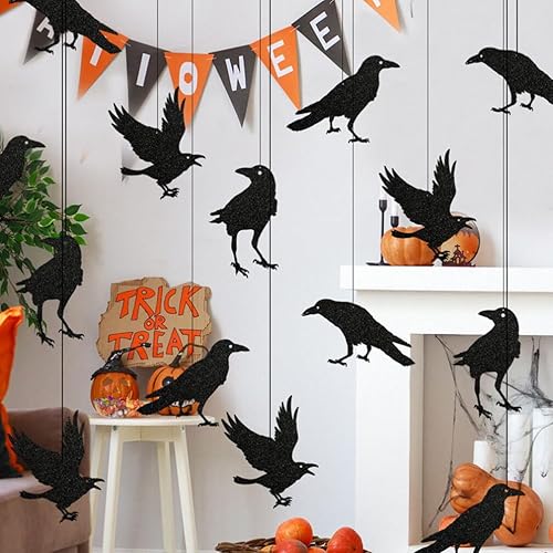 Miniatura 5 de Unomor 32 colgantes de papel para fiesta de Halloween, decoración de cuervo de papel, decoraciones colgantes de cuervo con plumas negras,