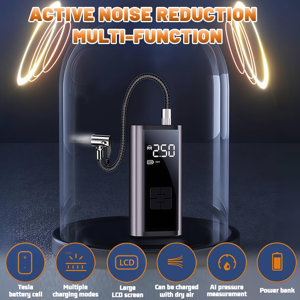 flintronic Compressore Aria Portatile Auto Senza Fili, Batteria Ricaricabile USB 12 V, Compressore ad Aria Portatile, Fino a 150 psi, Luce Led Integrata, 4 Adattatori per Ugelli, Adatta per Auto,Moto