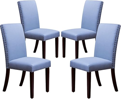 Nopurs Juego de 4 sillas de comedor de tela para cocina y comedor con ribete tapizado de cabeza de clavo patas de madera negra y sillas de respaldo