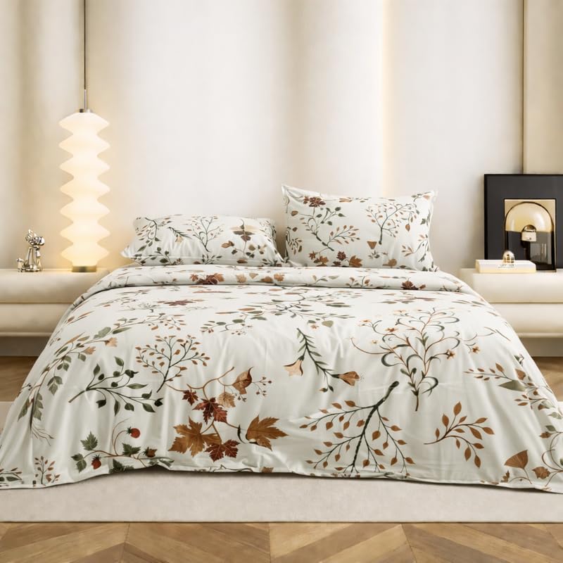 Image of Super King Size Bedsheet | Cotton Flat Sheet Skin Friendly with Two Pillow Covers| 300 TC | Super Soft Bed Sheet for Double Bed | Floral Design (272 x 272 cm, Maple Leaf Cream)