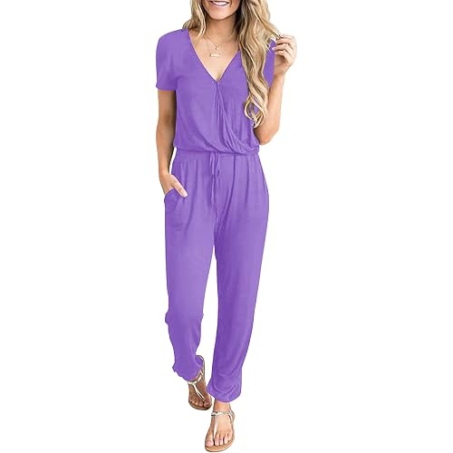PRETTYGARDEN Womens Deep V Neck Wrap Drawstring Waist Jumpsuit