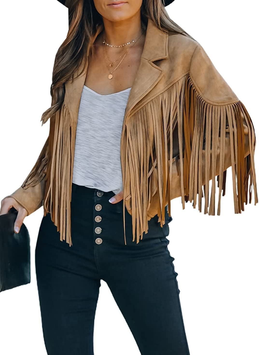 Veste Frange Femme Daim Haut recadré Western Denim Blouson aviateur Femme léger zippé matelassé Manteau décontracté vêtements d'extérieur