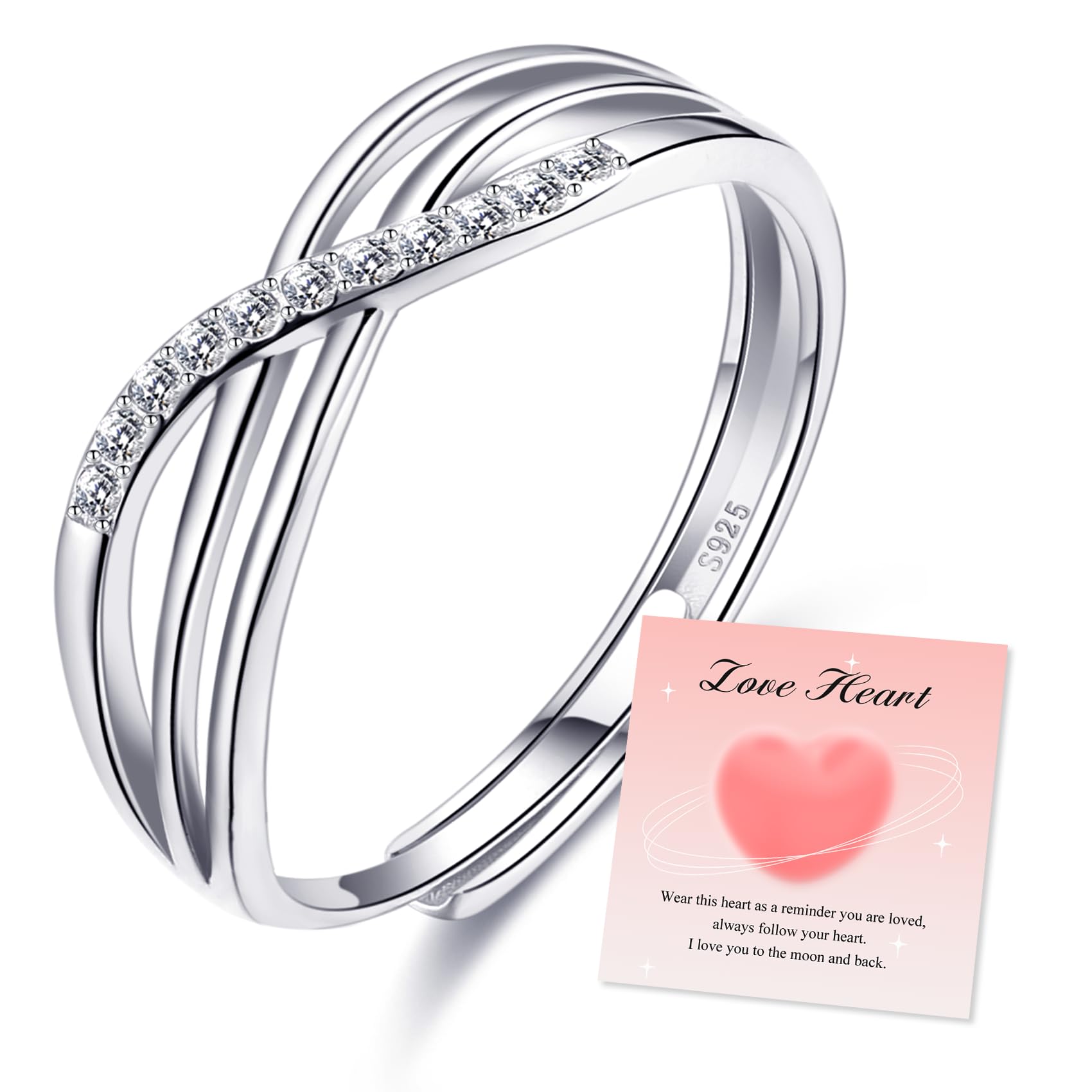 BMMYE925 Sterling Silver Rings for Women Love Knot Rings Adjustable Open Finger Feather Rings Jewelry Gifts Crossed Rings for Women with Cubic Zirconia