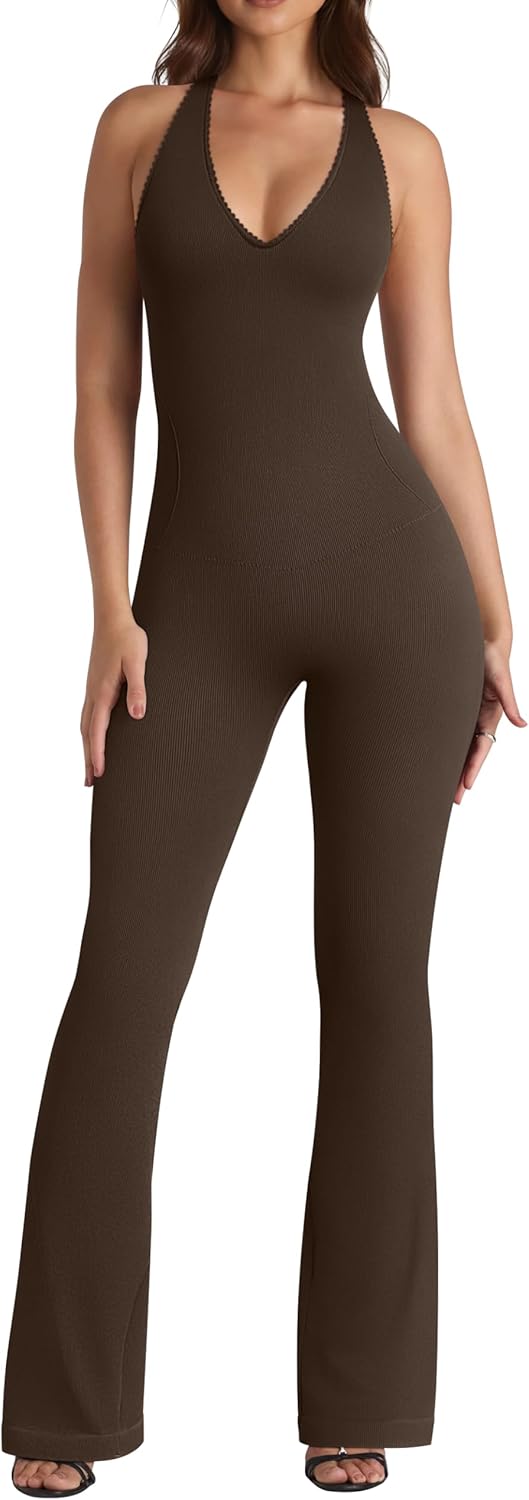 OQQ Jumpsuits for Women Fall Winter Halterneck Sleeveless Lace-Trim Flared Jumpsuit