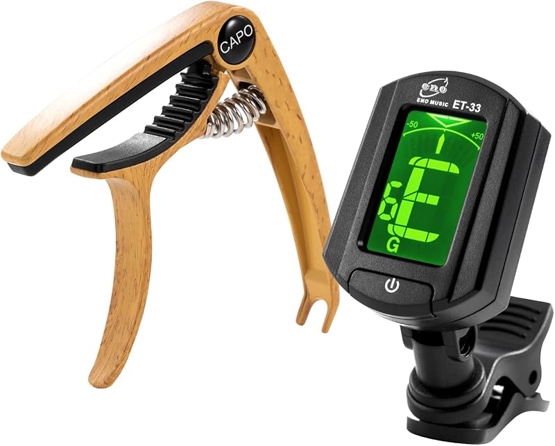 ENO MUSIC Clip-On Tuner and Capo Kit for Acoustic Classic Guitars, Bass