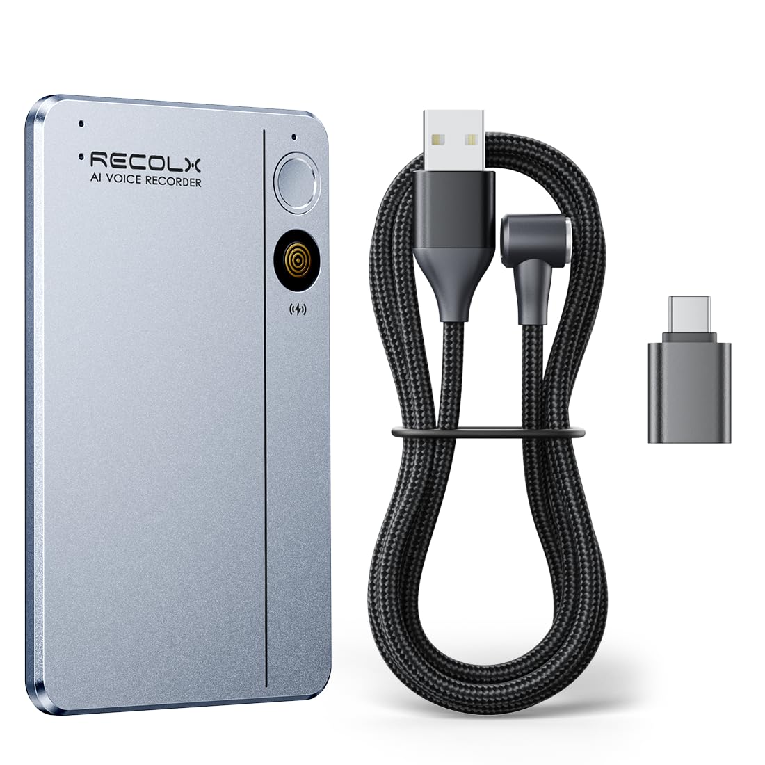 AI Voice Recorder & Transcriber with GPT-5.2 Analysis-Silver Grey+Replacement Accessory Kit: 2ft Fast Charging Cable & OTG Adapter