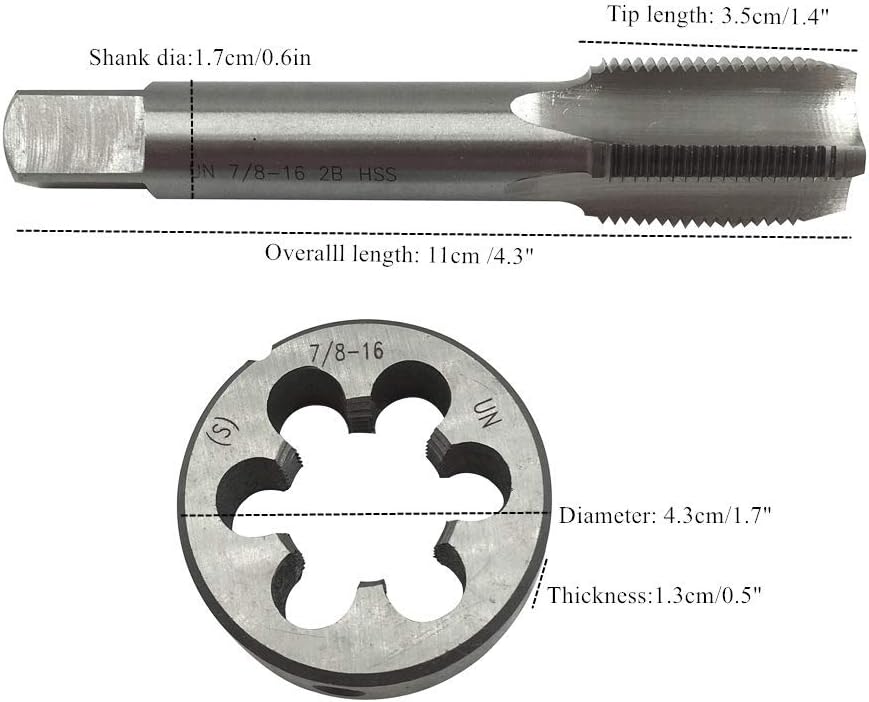 7/8”-16 7/8”-18 7/8”-20 7/8”-24 7/8”-27 7/8”-28 7/8”-32 UNS UN UNEF HSS Tap And Die Set，UNEF Machine Thread Tap And UNS Round Thread Die Right Hand (7/8”-16 UN)
