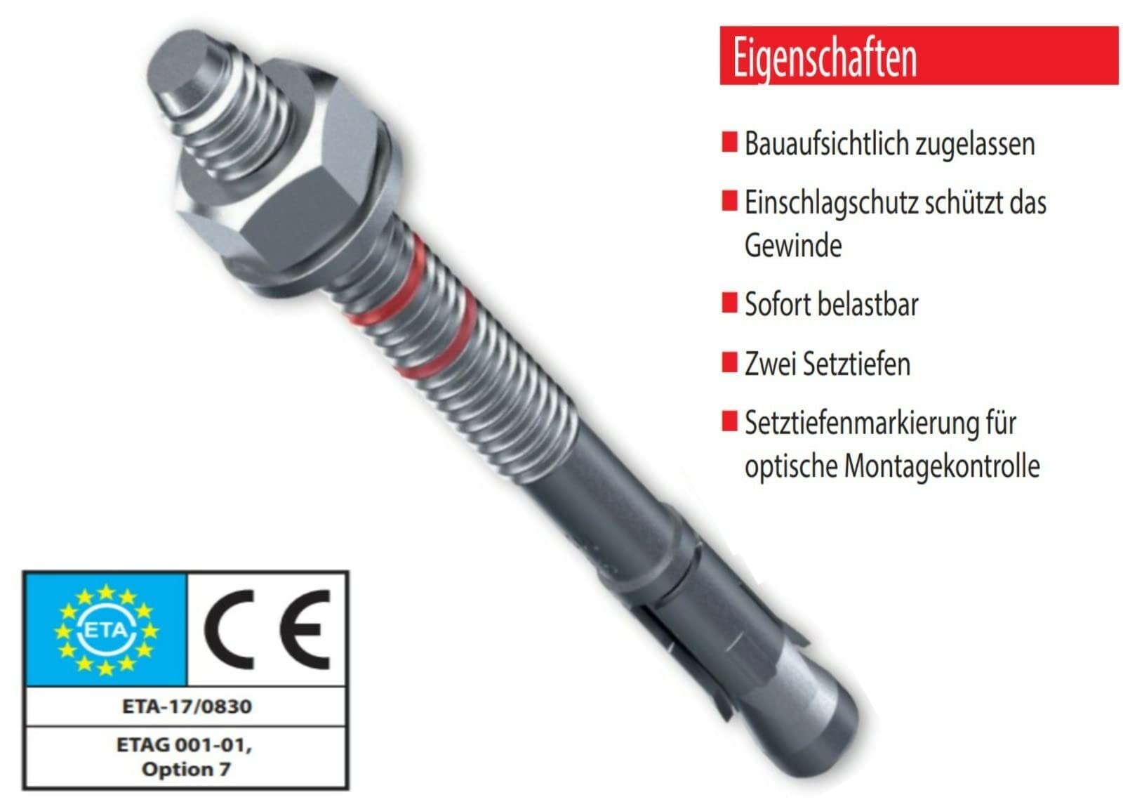 M12 x255mm - 20 Stück/Schwerlastanker OPTION 7 Bolzenanker verzinkt mit ETA Zulassung in Industriequalität Ankerbolzen Keilanker Schwerlastdübel