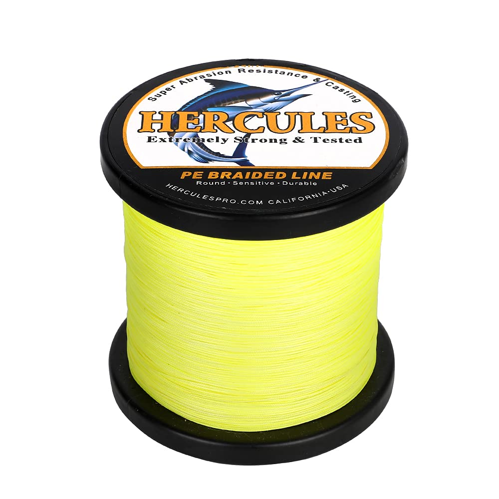 HERCULES Braided Fishing Line 12 Strands, 100-2000m 109-2196 Yards Braid Fish Line, 10lbs-420lbs Test PE Lines for Saltwater Freshwater - Fluorescent Yellow, 40lbs, 2000m