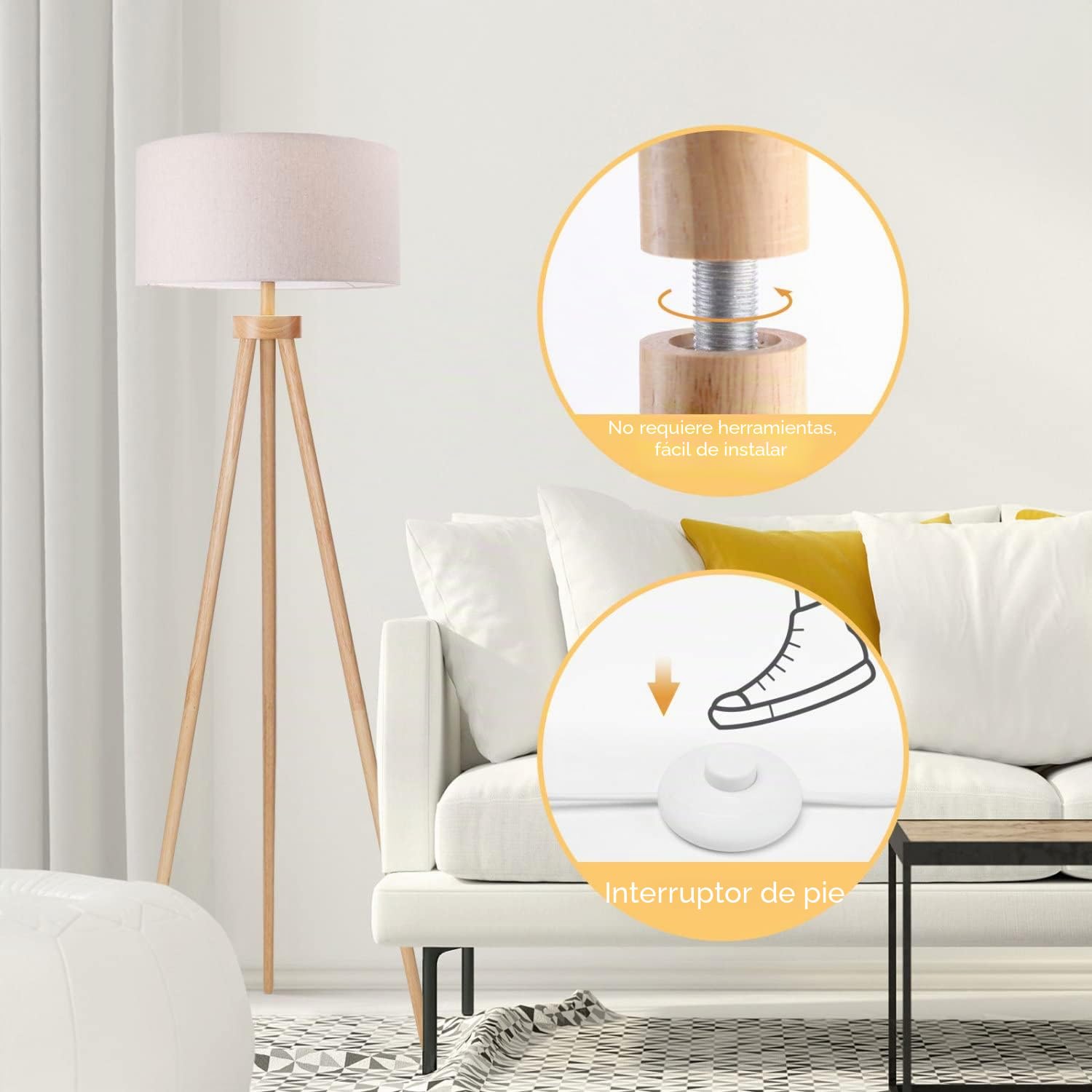 Aigostar Lampara de Pie Salon E27 Retro de Madera Trípode, 2pcs, Sin Bombilla (Max.60W), Pantalla de Lino e Interruptor de Pie, Cable 180 cm, Madera Maciza, Estilo Nórdico