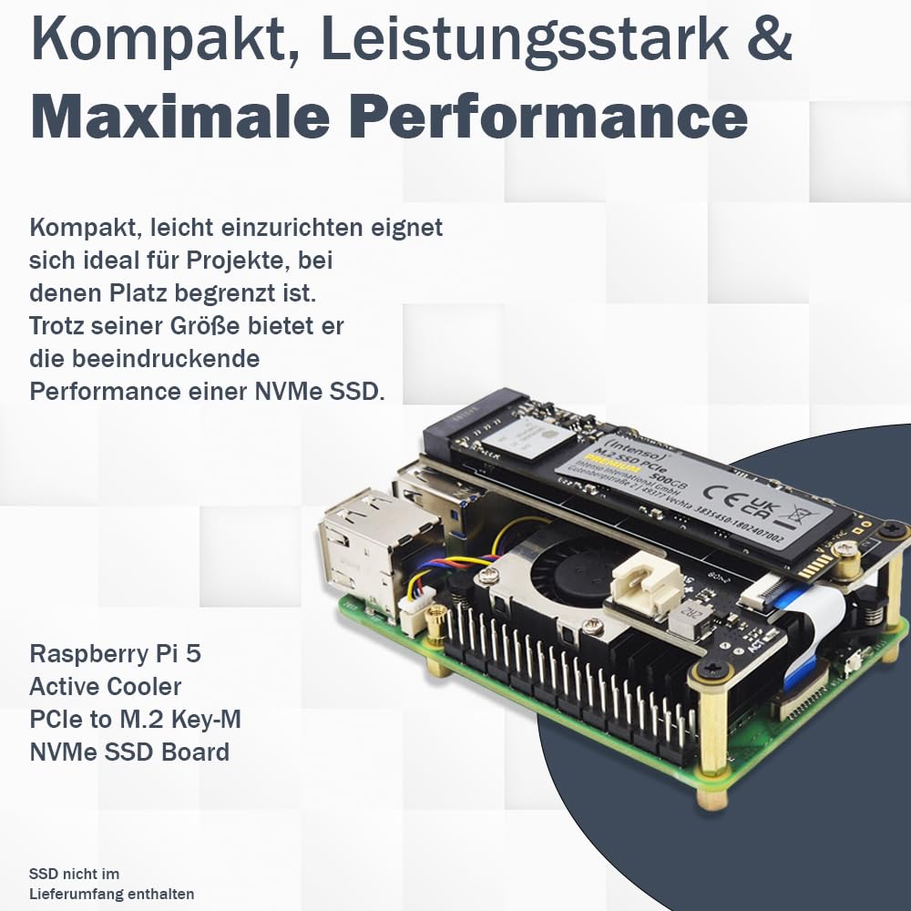Raspberry Pi 5 8 GB PCIe M.2 NVMe – Kit | Carcasa de metal | Active Cooler | M.2 NVMe SSD PCIe Board | Fuente de alimentación USB-C 27W | Tarjeta SD Ultra 64GB | Cable Micro HDMI 4K | Ideal para Home