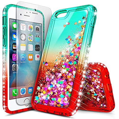 iPhone 6S Case, iPhone 6 Case with Tempered Glass Screen Protector for Girls Women Kids, NageBee Glitter Liquid Sparkle Bling Floating Waterfall Diamond Christmas Cute Case -Teal/Candy