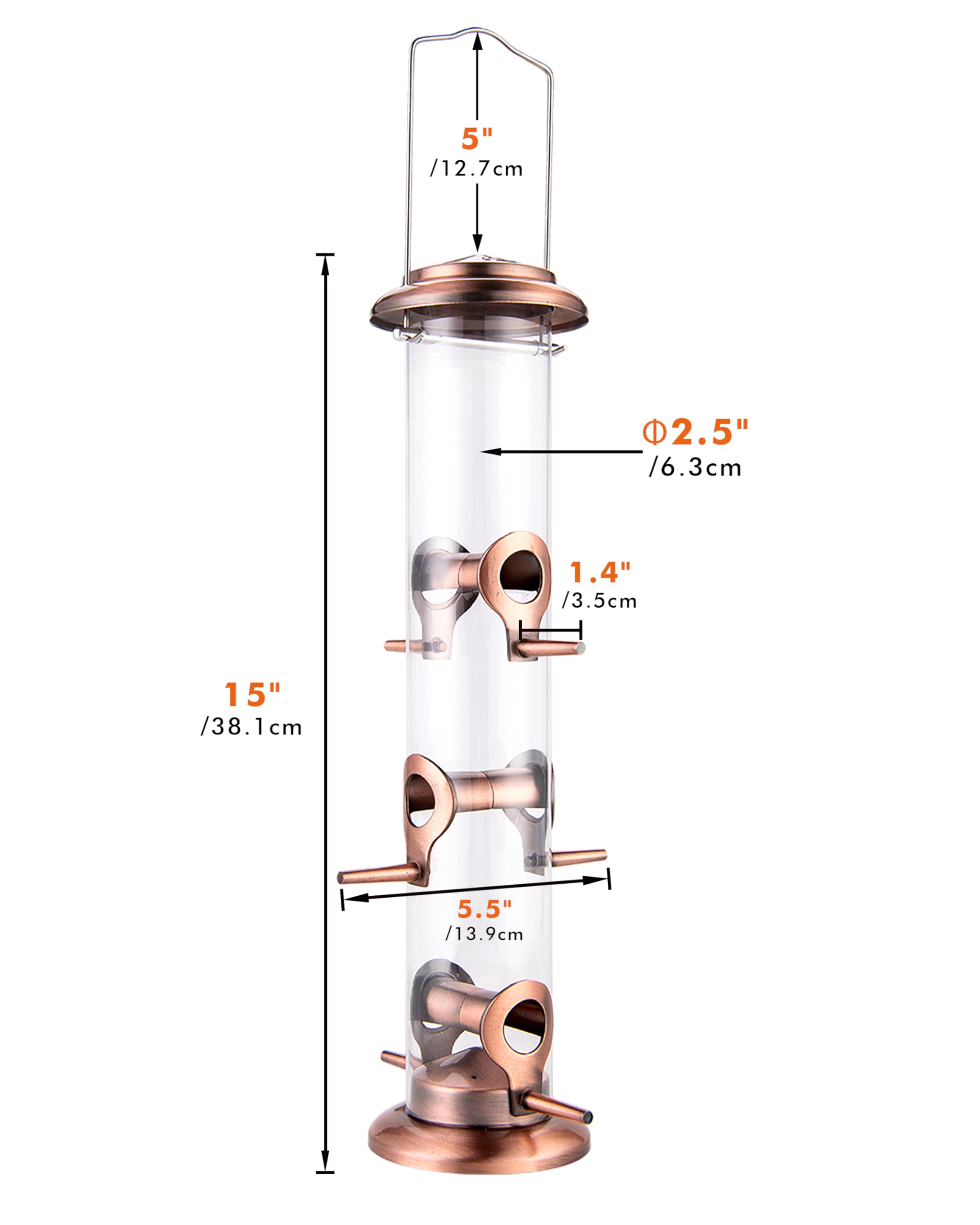 iBorn Metal Bird Feeders Brushed Copper Wild Bird Feeder for Outdoors Hanging All Metal Brushed Copper Finishing 14 Inch 6 Port(Seed is not Included)