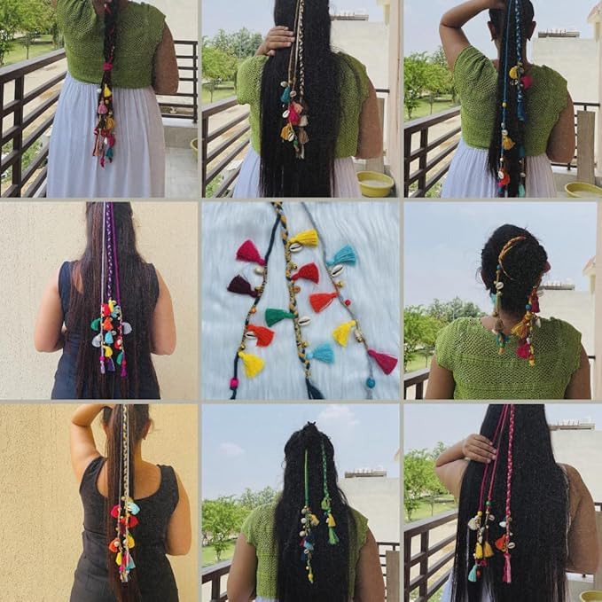 Image of Zippy Flora Boho Handmade Colorful Hair Strings for Navratri /Ethnic Look /Bohemian Styling, Colorful Braided Hairband, Thread Hair Accessories & Extensions (Shoulder Length (12-14 inch), Purple)